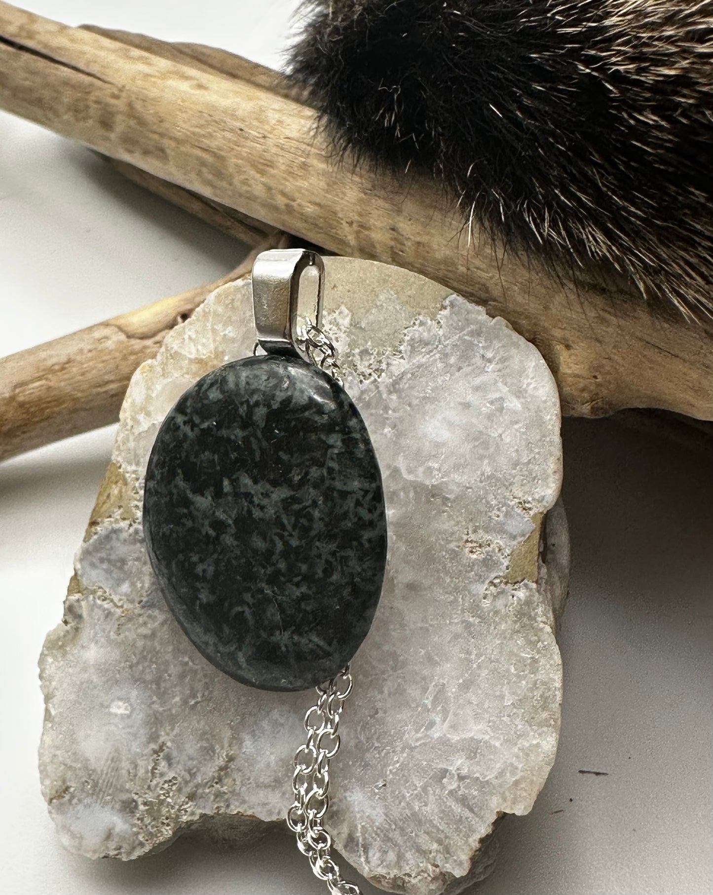 Greenish black Gabbro stone necklace