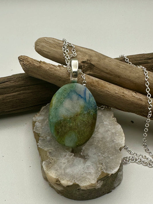 Hand-cut and polished oval Chrysocolla necklace with warm blue and green colors