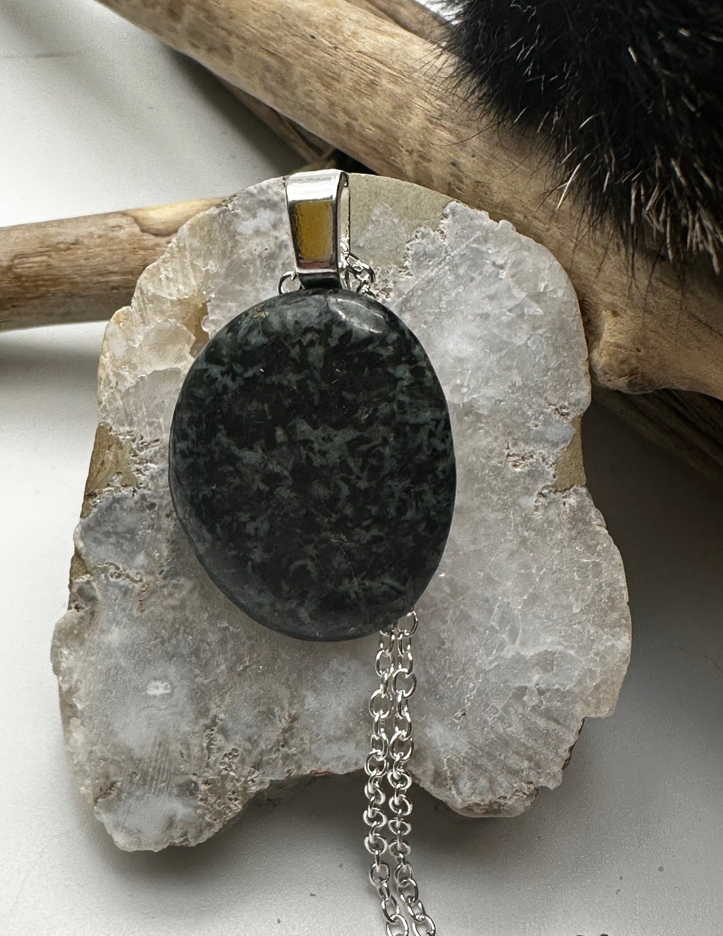 Greenish black Gabbro stone necklace