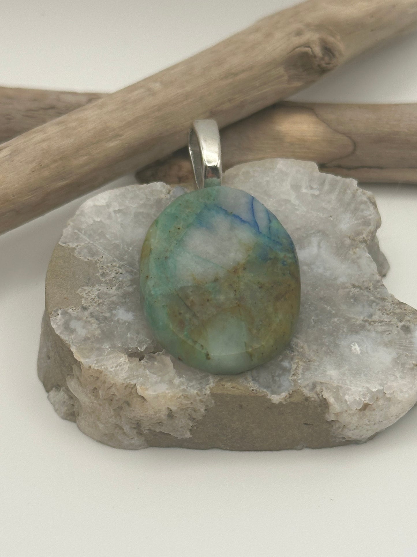 Hand-cut and polished oval Chrysocolla necklace with warm blue and green colors
